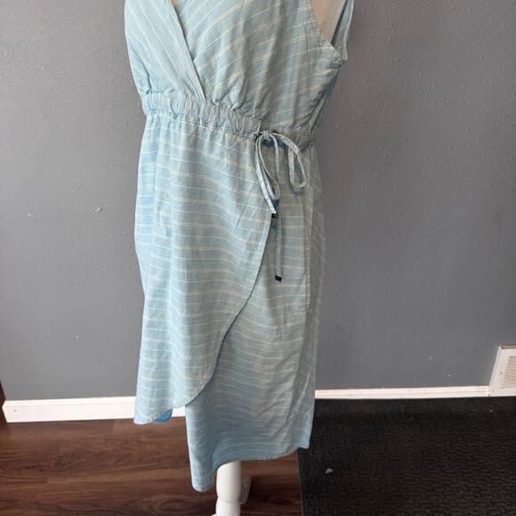 Freedom Trail By Kyodan Linen Blend Dress Sz M Faux Wrap Sleeveless Blue Stripe - Picture 5 of 6